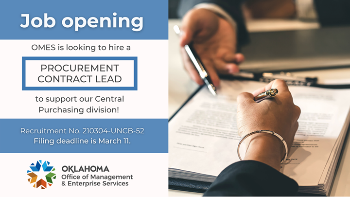 OklahomaOMES's tweet photo. 🔍 OMES is seeking to procurement contract lead to support our Central Purchasing division.
⏳ Filing deadline is March 11.
💲Salary up to $66,500/year.
🔗 https://t.co/bRucSEtUyP
Recruitment No. 210304-UNCB-52.
💻 💼 Visit https://t.co/wthV72uIzn and apply today! https://t.co/kiQaJFfkco