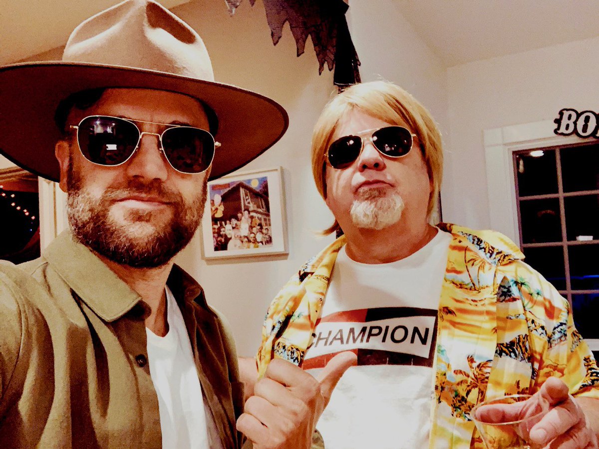 _Didwedoit_'s tweet photo. Another week. Another episode. EPISODE 8: Orange Donuts! drops Wednesday. Did we do it?!
(#throwback to pre-pando Halloween soirée. This photo is aptly titled the ‘Tale of two Brads : River Runs Through It vrs Once Upon a Time in Hollywood’). ☑️ 👊 🎙 
@GassLeak @kevinweisman https://t.co/EcR2LH6ytB