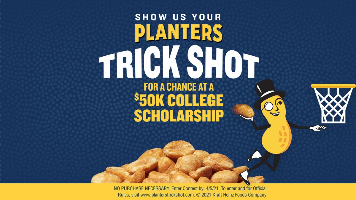 MrPeanut's tweet image. If you’ve got the moves, we want to see’em. Shoot your #PlantersTrickShot for your chance at a $50K College Scholarship.
To enter post your own Planters Trick Shot video using #PlantersTrickShot #Contest and visit planterstrickshot.com for official rules