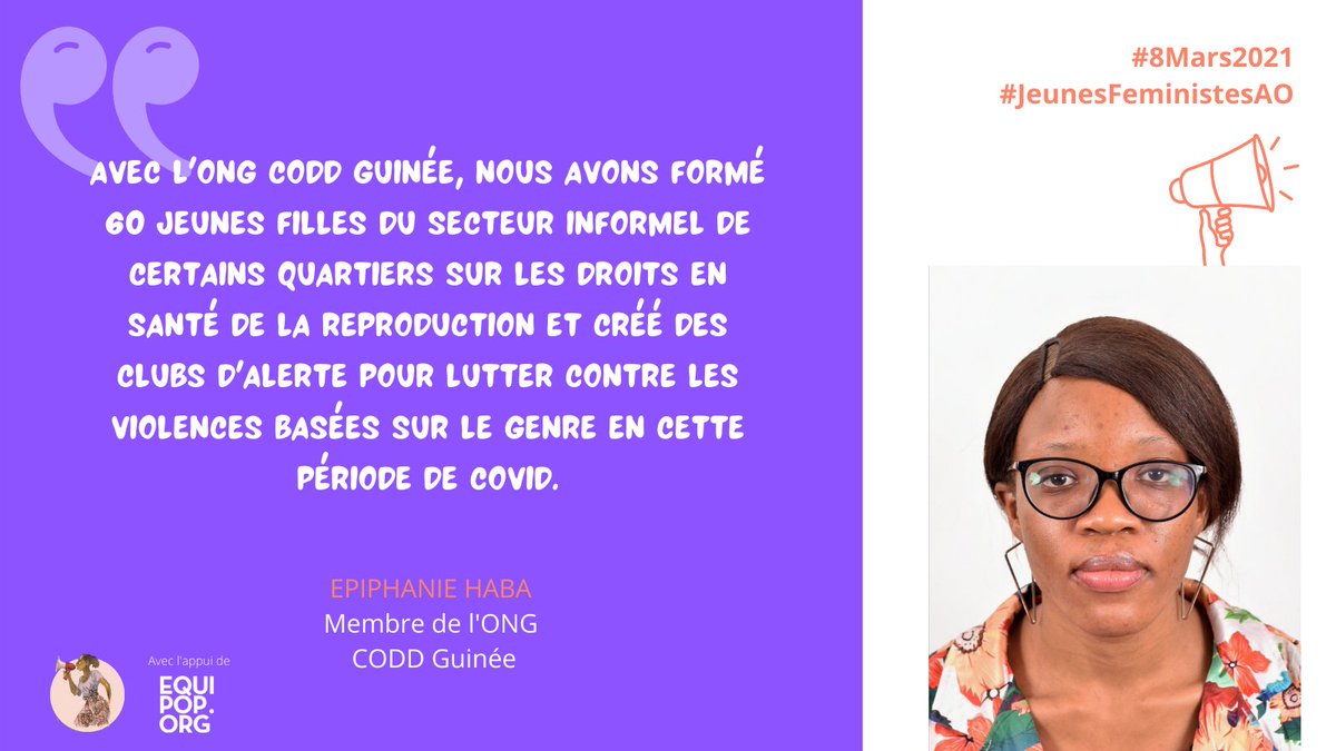 Réseau des Jeunes Féministes d'Afrique de l'Ouest (@feministesao) on Twitter photo Pour la journée Internationale des Droits des femmes , les membres du <a href="/FeministesAO/">Réseau des Jeunes Féministes d'Afrique de l'Ouest</a> de <a href="/Equipop_Ong/">Equipop</a>
ont été en avant des droits des femmes pendant la période de la pandémie du Covid-19.
<a href="/hab_denise/">Denise Epiphanie Haba</a> vous parle de ses actions .
#8Mars2021 #JeunesFeministesAO Pour la journée Internationale des Droits des femmes , les membres du <a href="/FeministesAO/">Réseau des Jeunes Féministes d'Afrique de l'Ouest</a> de <a href="/Equipop_Ong/">Equipop</a>
ont été en avant des droits des femmes pendant la période de la pandémie du Covid-19.
<a href="/hab_denise/">Denise Epiphanie Haba</a> vous parle de ses actions .
#8Mars2021 #JeunesFeministesAO