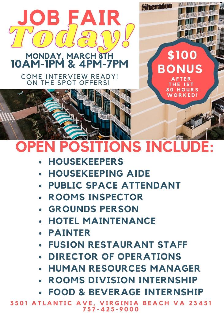 SheratonVBO's tweet image. What are you Doing Today?
Capitalizing on an amazing opportunity in hospitality! Come in TODAY from 10am-1pm and 4pm-7pm, we are making offers on the SPOT!