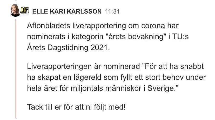 hannaolsson's tweet photo. Varje gång liverapporteringen om coronapandemin uppmärksammas i journalistikens finrum är det en seger för att jobba i ögonhöjd med läsarna, för att vara öppen, ödmjuk och lyssnande. 
Det gör mig väldigt glad. https://t.co/b8nz7gNvoD