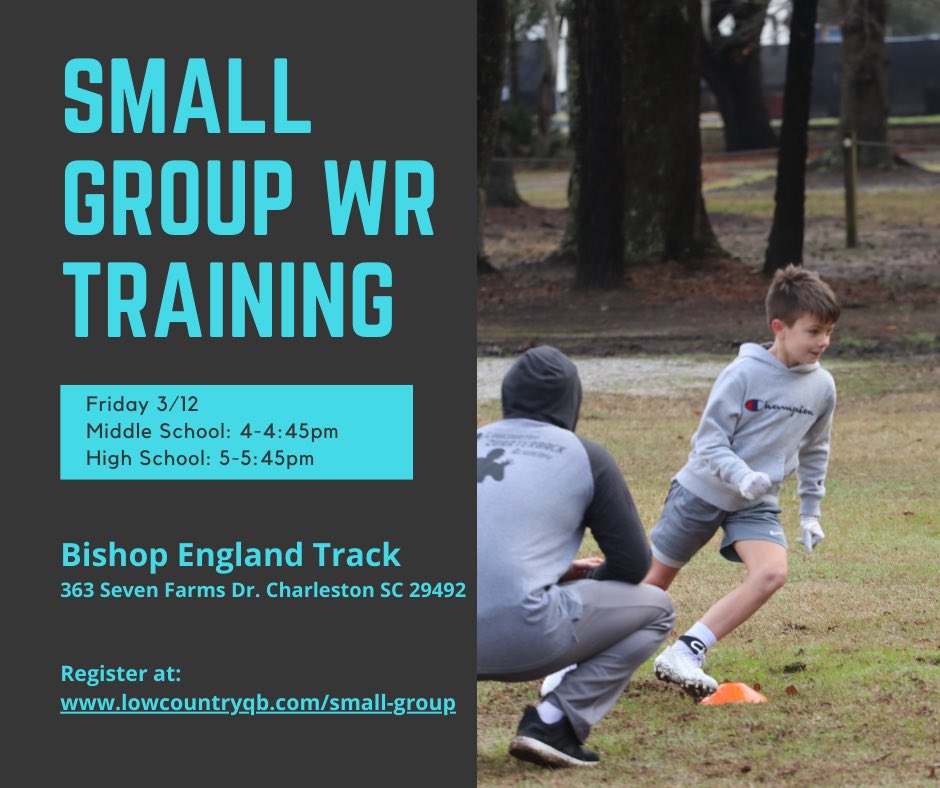 Small Group QB &amp; WR Training this week with <a href="/LowcountryQBA/">Lowcountry Quarterback Academy</a> !! 

Come out on Thursday and Friday to get that work in. 

Register at lowcountryqb.com/small-group