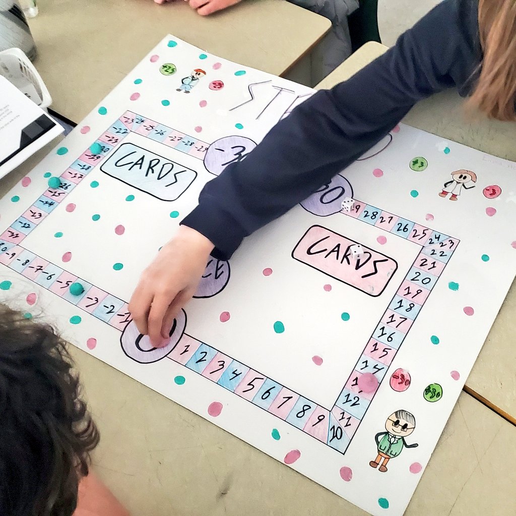 mllecaine's tweet photo. These students created awesome integers-based board games which we tested out today! Hands off, Hasbro - patents pending😏!! @humbercrest https://t.co/N4pv5V5kym