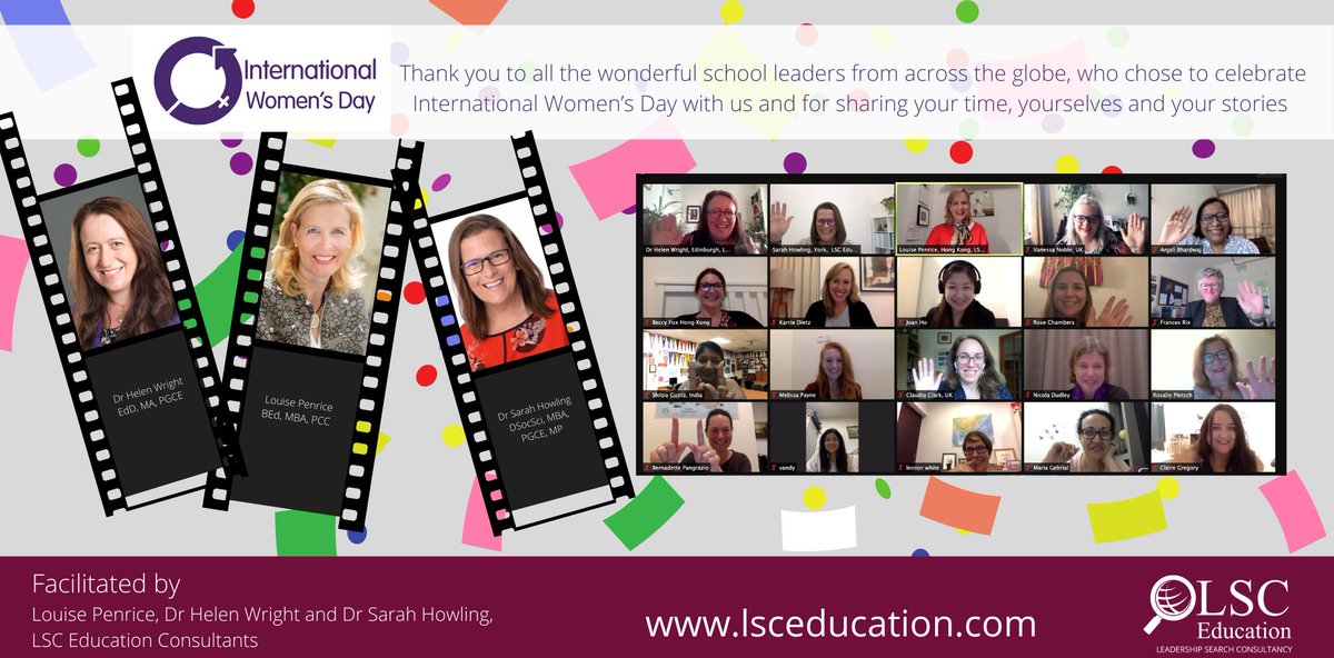 The LSC Team would like to thank all the school leaders who joined us from across the world today, to celebrate International Women's Day with us on zoom. It was wonderful to connect, to share and to celebrate with you. <a href="/drhelenwright/">Dr Helen Wright</a> <a href="/GrowOpenMinds/">LouisePenrice</a> <a href="/drsarahhowling/">Dr. Sarah Howling</a> #IDW2021
