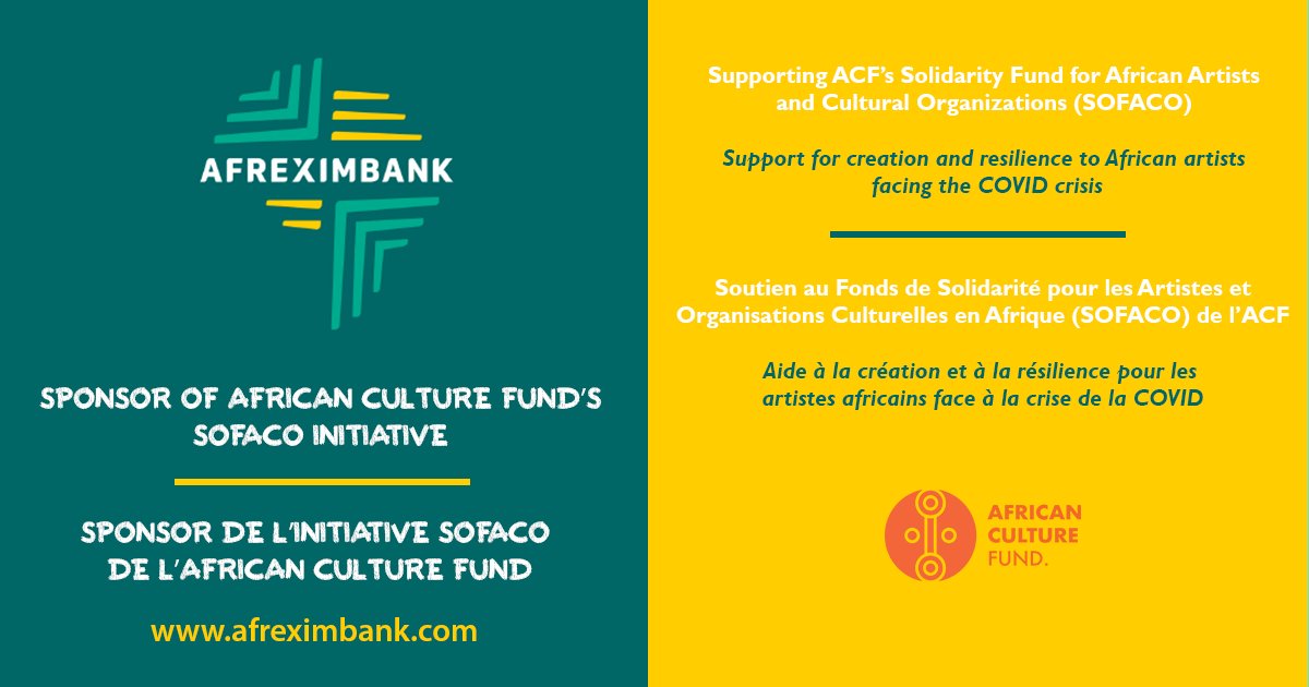 AfriCultureFund's tweet photo. 📣Focus sur nos partenaires🔍
@afreximbank a généreusement sponsorisé l’initiative SOFACO de l’ACF. Un grand MERCI ! |
📣Focus on our partners🔍
@afreximbank generously sponsored ACF's #SOFACO initiative. A big THANK YOU! https://t.co/1V2sZDlu7k #Art #Culture #Covid https://t.co/OMDsI0is1O
