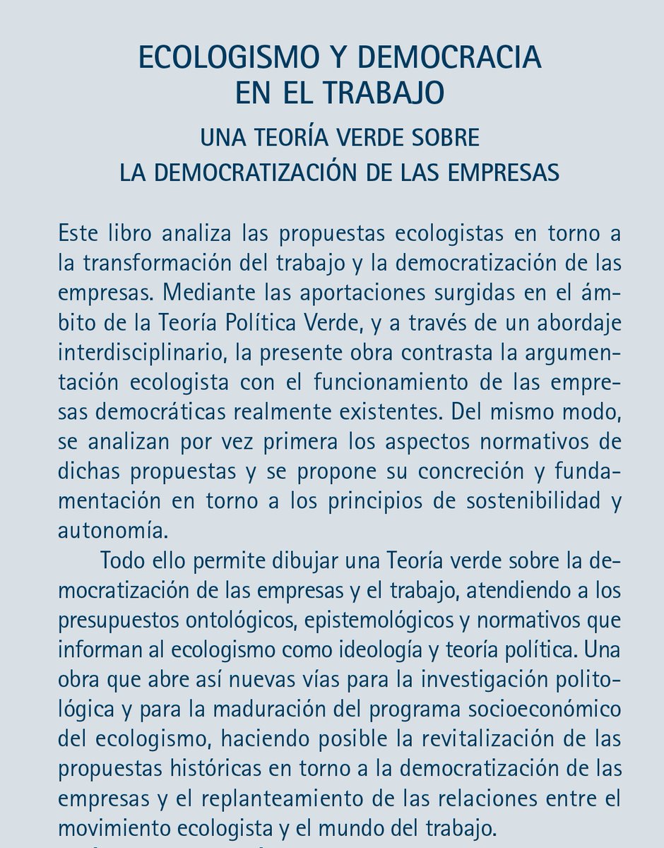 cepcgob's tweet photo. Nuevo libro del @cepcgob 
"Ecologismo y democracia en el trabajo. Una teoría verde sobre la democratización de las empresas", de José Luis Haro García (prólogo de @avalenciasaiz)
#ColecciónEstudiosPolíticos
https://t.co/ZgY73FemIV https://t.co/82ZbYdHdHt