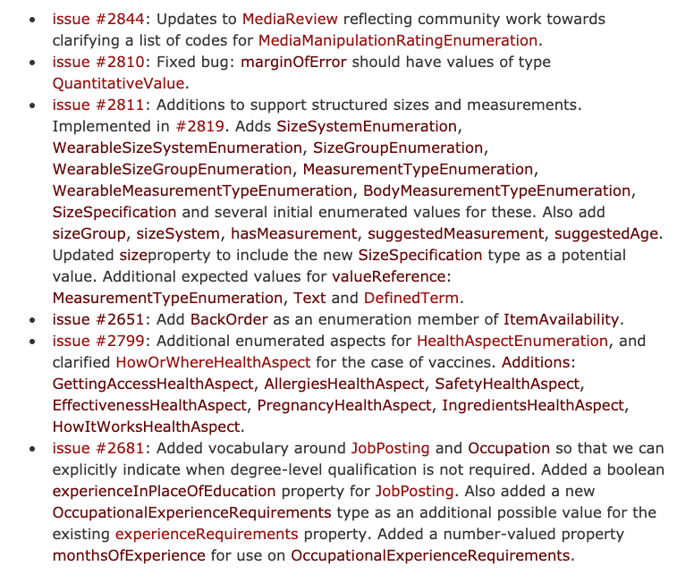 Screenshot of the linked page, highlighting 6 recent changes: MediaReview, QuantitativeValue, Wearable-related size changes, Health-related, and JobPosting. The link is the best place for details!