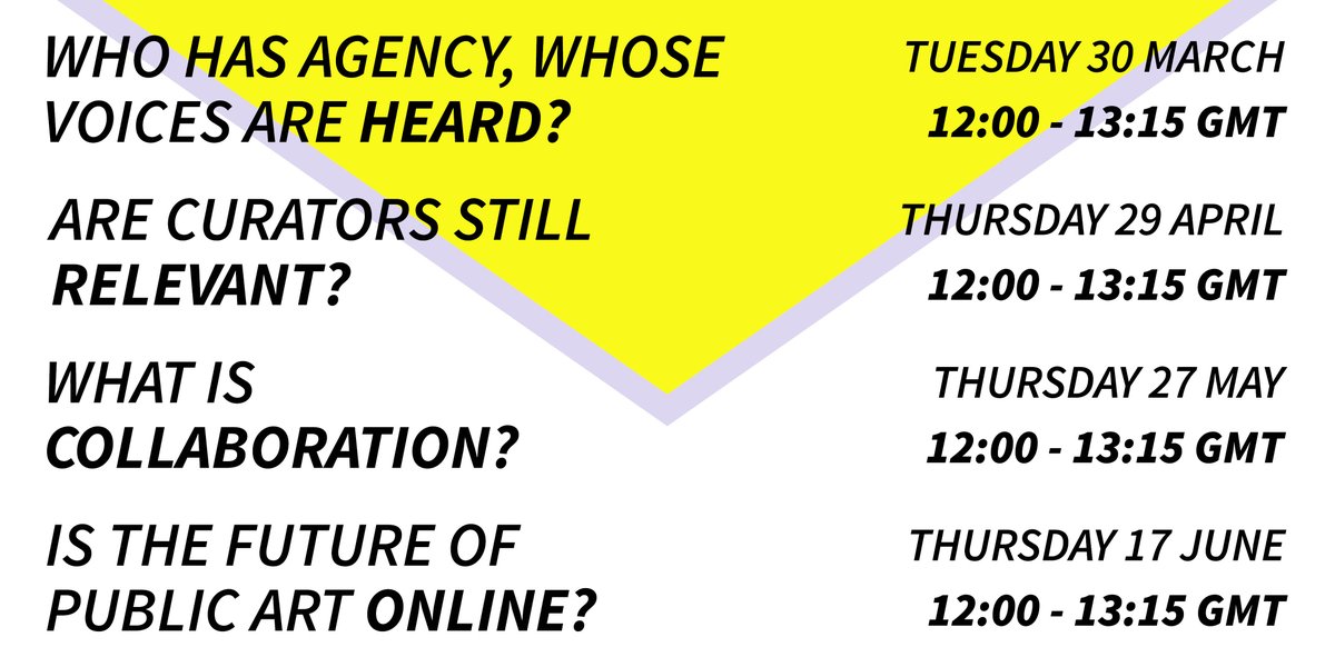 🚨 JUST ANNOUNCED 🚨 

Assembly is now open for registration! Four free online events will be led by socially engaged public art curators and artists. 

Beginning Thur 30 Mar at 12:00 (GMT), book your FREE spot at bit.ly/AssemblyEvents… 

#curators #artcurator #assembly