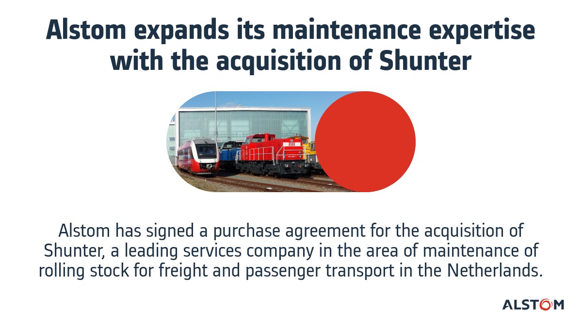 Enhanced expertise in the #services domain &amp; expansion of our presence in Benelux: We have signed a purchase agreement for the acquisition of Dutch services company Shunter alstom.com/press-releases… #maintenance