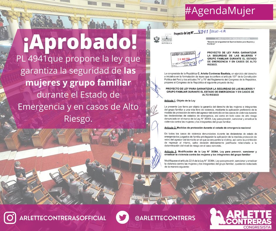 arlettecontrers's tweet photo. ¡Logro!
Acabamos de aprobar en este Segundo #PlenoMujer por mayoría de votos, el #PL4941 de mi autoría, que propone garantizar la seguridad de las mujeres e integrantes del grupo familiar a través de las medidas de protección durante el estado de emergencia y en todo momento. https://t.co/09Ovz5hQW7
