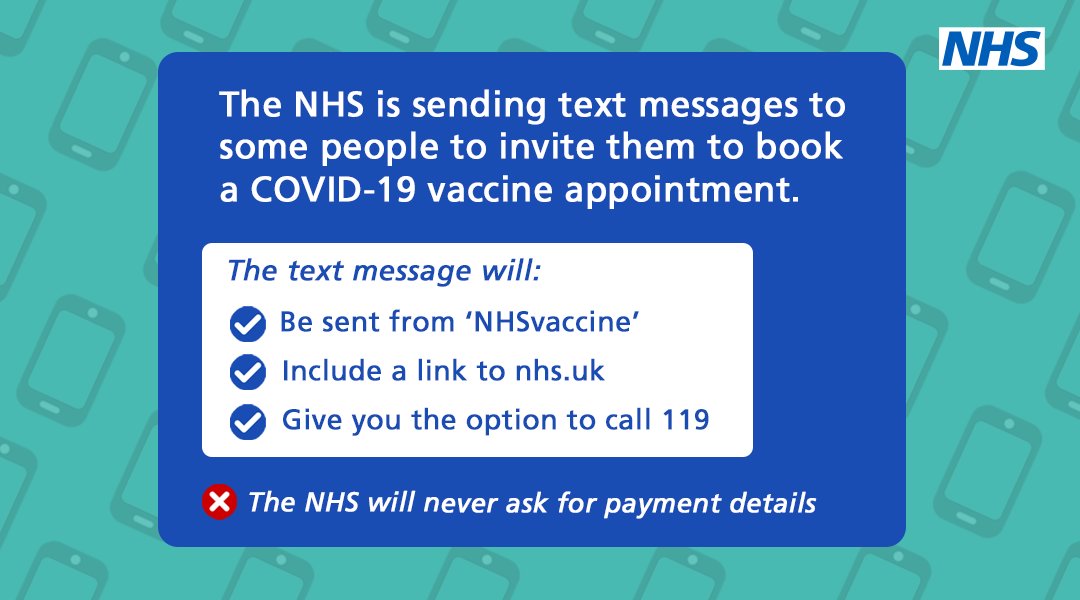 The NHS is sending text messages to some people to invite them to book a #COVID19 vaccine appointment.

The text will:

▶️ be sent from 'NHSvaccine'
▶️ include a link to nhs.uk
▶️ give you the option to call 119

Find out more:
nhs.uk/covid-vaccine-…