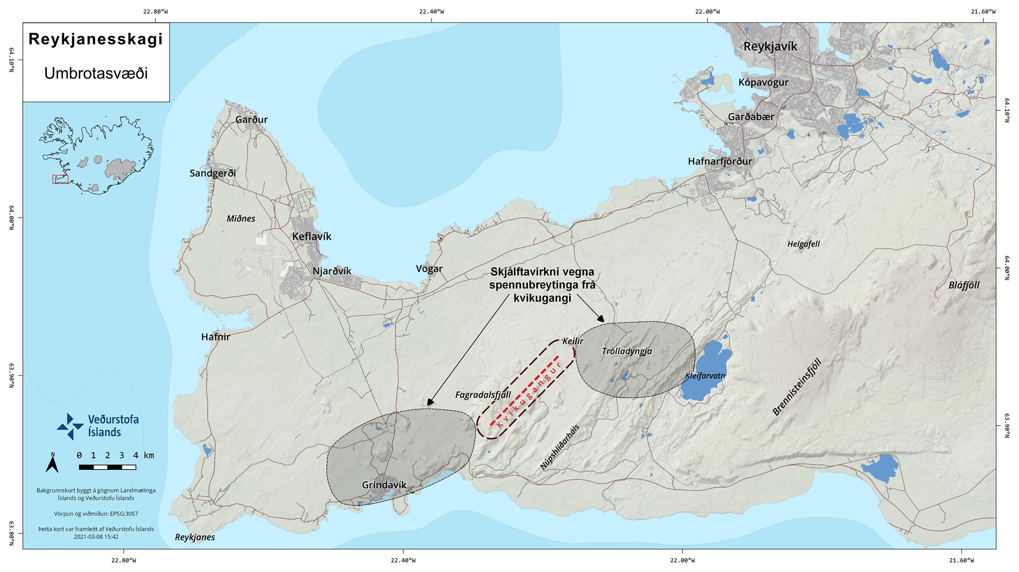 Reykjanes: Position der Magmaintrusion (gepunktete rote Linie) und mögliche zukünftige Bebengebiete (graue Flecken)