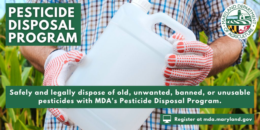 MdAgDept's tweet image. Are you a farmer or agricultural producer who wants to safely dispose of unwanted, unusable pesticides? If so, signup for the 2021 Pesticide Disposal Program. This program is free and voluntary!

📰Press Release: bit.ly/3v5GLZG
💻Program Website: bit.ly/30nFY8j