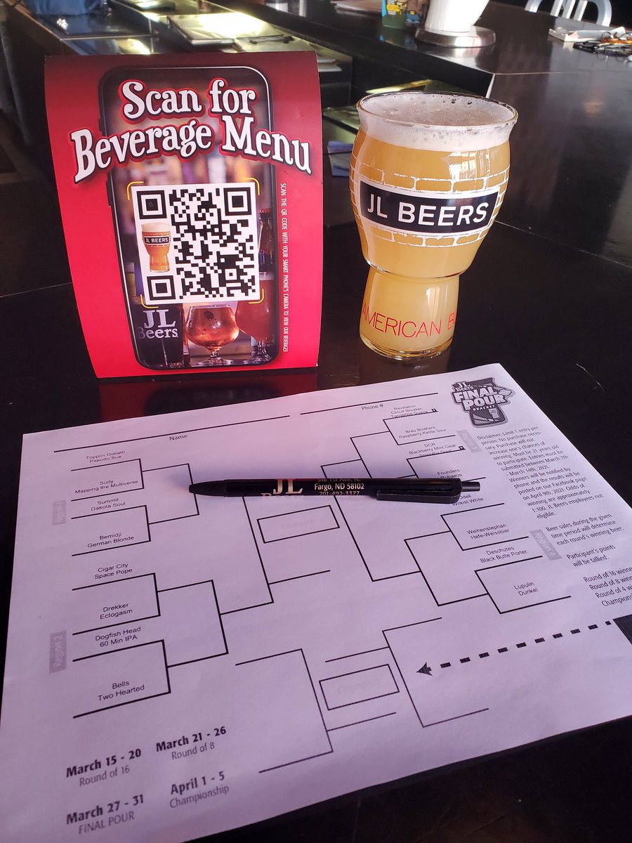 The Final Pour Bracket Challenge is back!

Entering is simple. 

This week, stop out at your favorite JL Beers, fill out a bracket, and watch as we update the results! Top entries win prizes! Oh—and it’s free to enter! 

#FinalPour #jlbeers