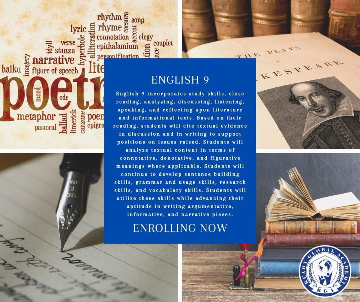 readyglobal's tweet image. Looking to get a headstart or retake a course to improve your GPA? English 9 is offered at the honors and regular levels to meet your academic needs. Sign up today at readglobalacademy.org
#coursespotlight #onlineschool #english #readyglobal