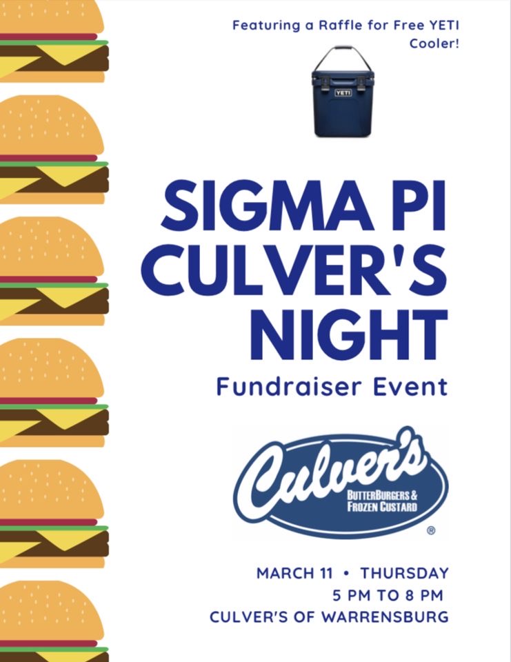 Thursday, March 11, Join the men of Sigma Pi at Culvers, 5-8 pm for your chance to win a yeti cooler! Tickets are: 1 for $4, 2 for $7 and 3 for $10. If you can't make it, feel free to venmo: Andrew-Schannuth-1 for a ticket! 

#UCM #SigmaPi #Fundraiser #Yeti