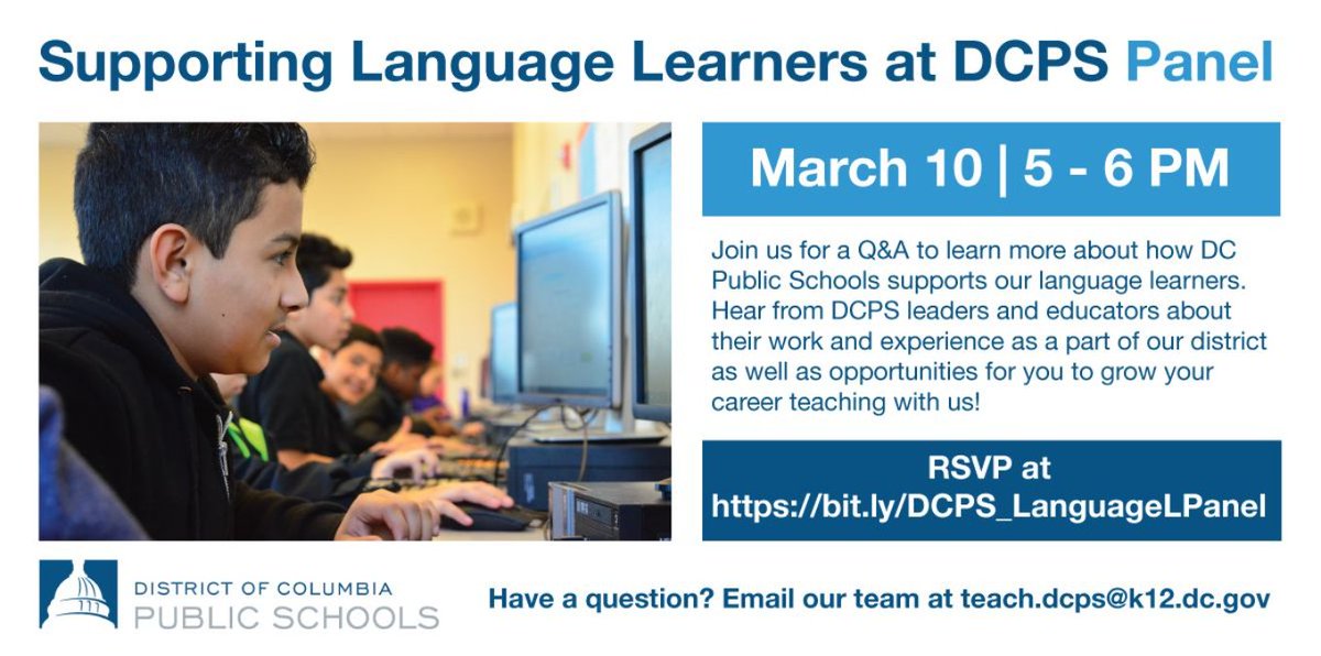 DCPS Equity (@dcpsequity) on Twitter photo Join <a href="/dcpublicschools/">DC Public Schools</a> on March 10 to hear from our educators and leaders about their work supporting language learners in the district. If you're interested in teaching in DCPS or know someone who is, register here and share: lnkd.in/dQ-RdGv. #JoinDCPS Join <a href="/dcpublicschools/">DC Public Schools</a> on March 10 to hear from our educators and leaders about their work supporting language learners in the district. If you're interested in teaching in DCPS or know someone who is, register here and share: lnkd.in/dQ-RdGv. #JoinDCPS