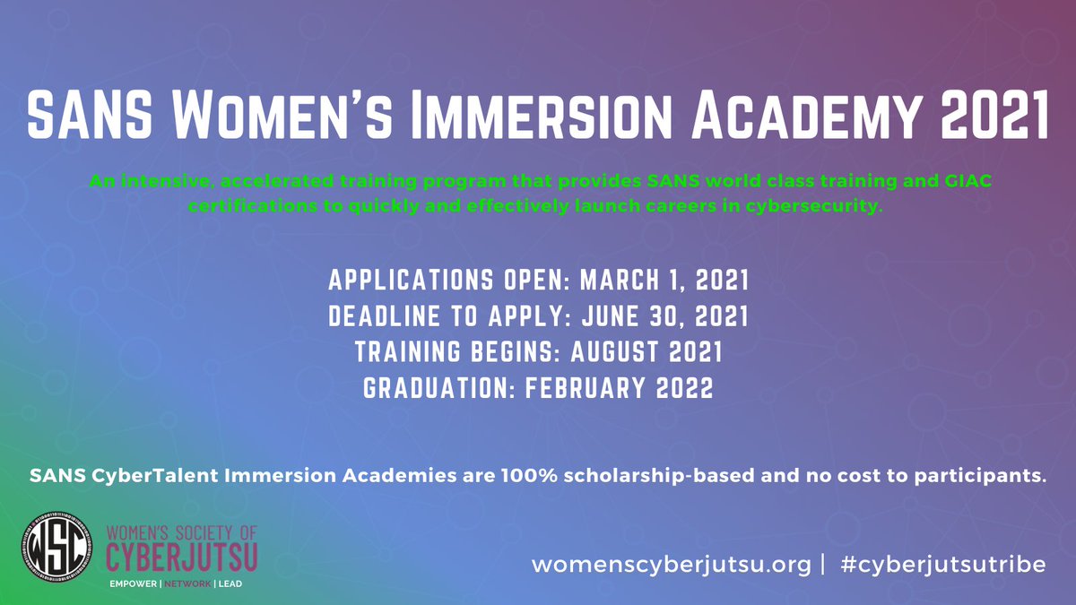 WomenCyberjutsu's tweet photo. It’s International Women’s Day. Are you up for a career challenge? Quickly learn the skills you need to start a cybersecurity career in the SANS Women’s Immersion Academy.
https://t.co/3Z2GAOFBI7
#cybercareer  #careerincybersecurity   #IWD2021 #ChooseToChallenge https://t.co/H1eN9Ty99U