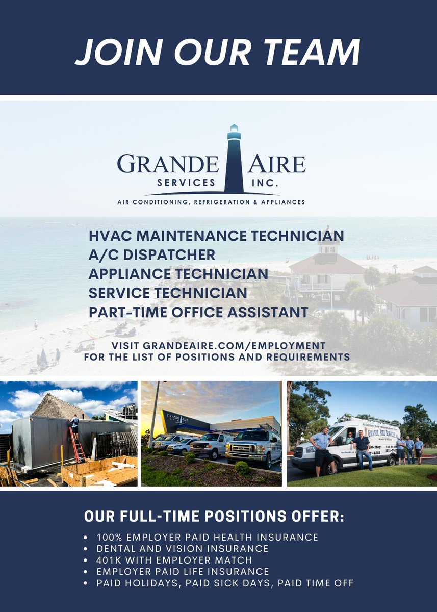 grandeaireser's tweet photo. We are hiring in several departments and would love for you to join our team. Visit our website (https://t.co/dwhxEIv0p6) for full details on each job posting and to apply.
#grandeaire #hiring #hvac #swfl #jobs #swfljobs #hiringnow #keepinitcoolsince1992 https://t.co/522YrpRlN6