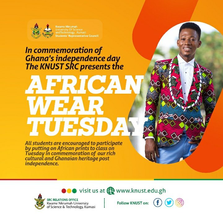 knust_src's tweet photo. All studnets are encouraged to participate. Kindlg feel free to take a photo in your african print and tag us with the hash tag;
#AfricanPrintTuesday
#GhanaMonth
#Independence https://t.co/cFXLGayUVJ