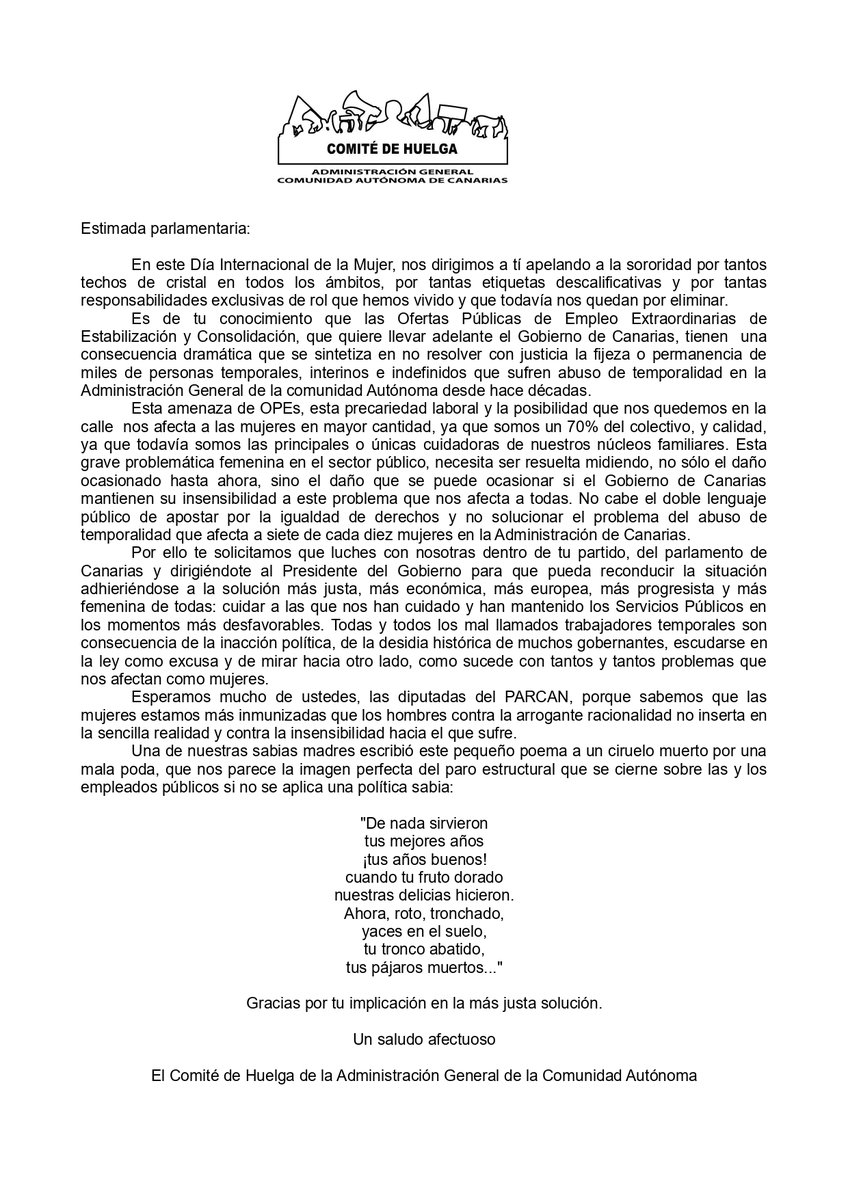 PEFRALCA's tweet photo. Las EMPLEADAS PÚBLICAS EN ABUSO DE TEMPORALIDAD piden a las parlamentarias canarias su solidaridad con la precariedad que sufren y el peligro que suponen las OPEs que planea @PresiCan 
El Comité de Huelga de #Canarias envía esta carta a todas las diputadas apelando a su sororidad https://t.co/4m2IoyYPT3