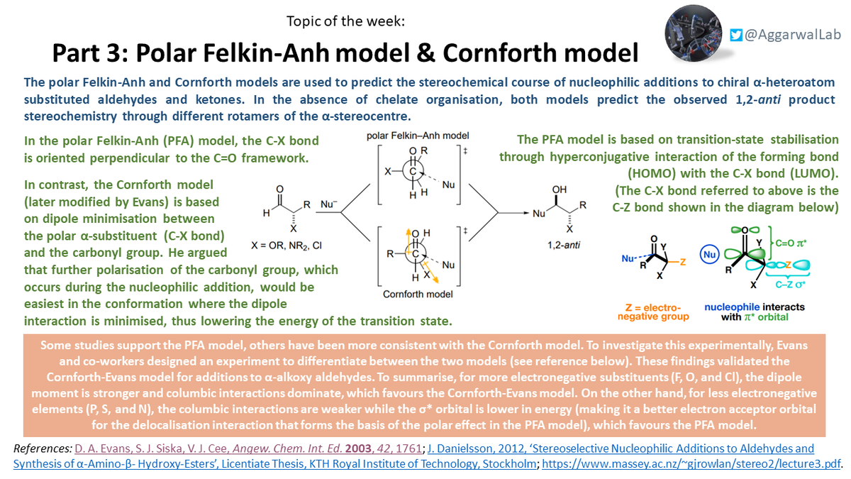 This week we have both the polar Felkin-Anh and the Conforth models, which predict the stereochemical outcome for nucleophilic additions to α-heteroatom substituted aldehydes and ketones in the absence of chelation: