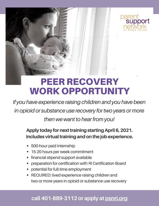 RIHEALTH's tweet photo. Next training is April 6! If you have experience raising children & you have been in opioid or substance use recovery for 2 or more years, consider applying for the next Certified Peer Recovery Specialist training. https://t.co/LoRZCoPiia #RecoveryRI @RIBHDDH https://t.co/QFbswvAbrn
