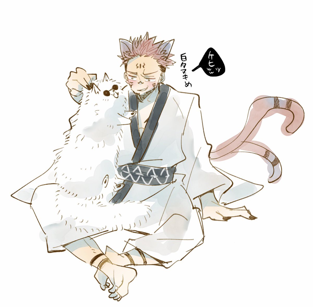 ryoumen sukuna (jujutsu kaisen) male focus 1boy tail animal ears pink hair short hair white kimono  illustration images