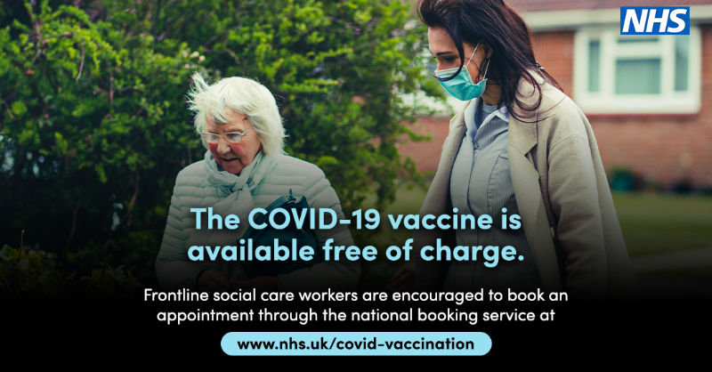 NHSuk's tweet photo. The COVID-19 vaccine is available free of charge. Frontline social care workers are encouraged to book an appointment through the national booking service at: https://t.co/GlikAPv8vN