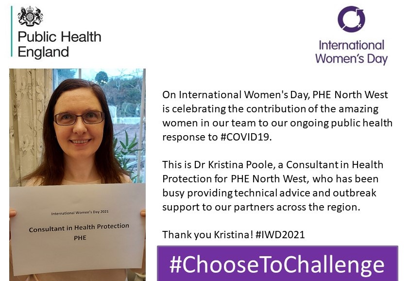 UKHSA_NorthWest's tweet photo. On International Women's Day, we're celebrating the many inspiring women at @PHE_NorthWest who are making a difference during the global #COVID19 pandemic. 

#IWD2021 #ChooseToChallenge https://t.co/HhkArepdvS