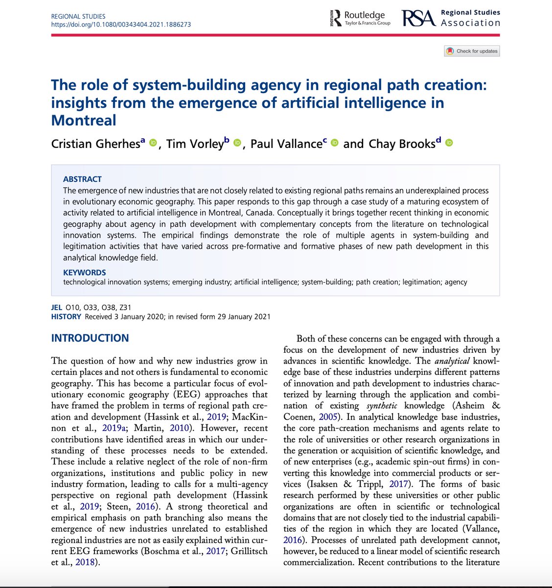 Cristian Gherhes (@cristiangherhes) on Twitter photo Thrilled to see our new article 'The role of system-building agency in regional path creation: insights from the emergence of artificial intelligence in Montreal' published in <a href="/RegionalStudies/">Regional Studies - @regionalstudies.bsky.social</a>: doi.org/10.1080/003434…
50 free copies available here: tandfonline.com/eprint/XSZVIH3… Thrilled to see our new article 'The role of system-building agency in regional path creation: insights from the emergence of artificial intelligence in Montreal' published in <a href="/RegionalStudies/">Regional Studies - @regionalstudies.bsky.social</a>: doi.org/10.1080/003434…
50 free copies available here: tandfonline.com/eprint/XSZVIH3…