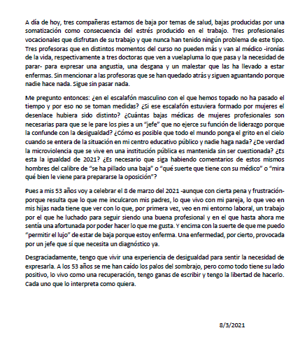 vronbenoit's tweet photo. Comparto la carta que ha escrito una profesora pensando en el 8 de marzo y en todo lo que nos queda por recorrer. Desgraciadamente, esta situación se está produciendo desde principio de curso en una EOI de la CAM y sigue sin pasar nada.
#8demarzo #maltratoalprofesorado #EOI https://t.co/8BtAK8YYXM