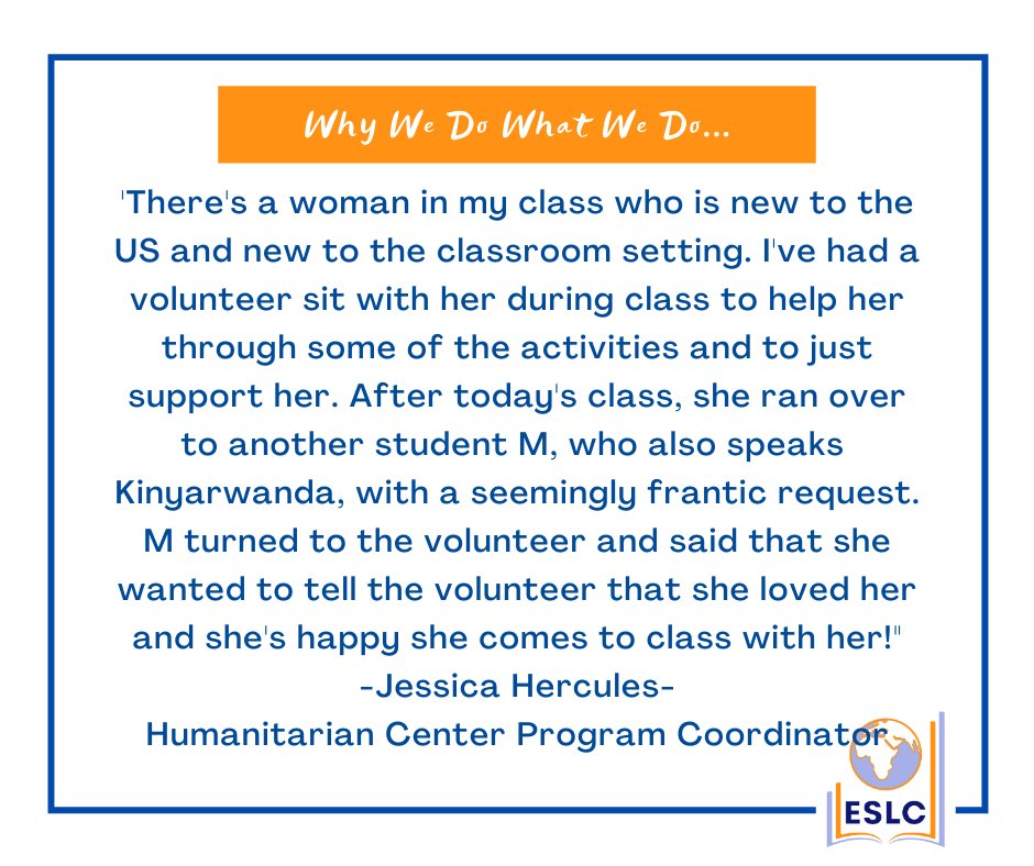 Volunteers make such an impact! Read about how our students love interacting with our volunteers!  #ESLC #WhyWeDoWhatWeDo #ESLCStudentsAreAmazing