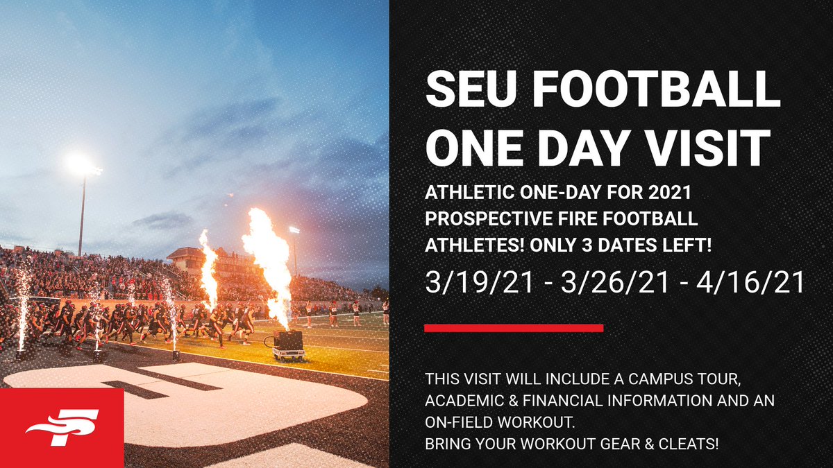 Southeastern Football (@seufirefootball) on Twitter photo 3 dates left for the C/O '21 to come out & show their skills for our staff. 54 prospects visited, 10+ scholarship offers & numerous guys have applied, been packaged & chosen to walk-on.
Sign Up Today! (Choose SEU 1 DAY)
Contact <a href="/CoachMcNutt/">Richard McNutt 🏈</a> to confirm!
southeasternuniversity.tfaforms.net/12?_ga=2.22885… 3 dates left for the C/O '21 to come out & show their skills for our staff. 54 prospects visited, 10+ scholarship offers & numerous guys have applied, been packaged & chosen to walk-on.
Sign Up Today! (Choose SEU 1 DAY)
Contact <a href="/CoachMcNutt/">Richard McNutt 🏈</a> to confirm!
southeasternuniversity.tfaforms.net/12?_ga=2.22885…