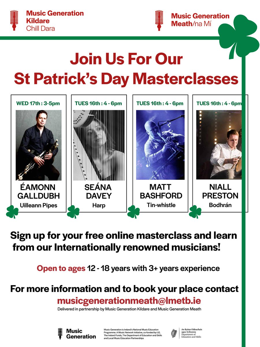 Music Generation Meath (@musicmeath) on Twitter photo Very excited to launch these FREE Masterclasses in various irish traditional instruments next week. Email musicgenerationmeath@lmetb.ie to register Very excited to launch these FREE Masterclasses in various irish traditional instruments next week. Email musicgenerationmeath@lmetb.ie to register