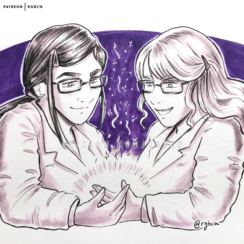 Science Queens 💜 patreon.com/rgbcn

For #InternationalWomenDay2021 I wanted to draw Amy and Bernadette working their science magic together. My fav scientists. Women in STEAM is something so important for me, and soon I will be able to share this with my little one too.
