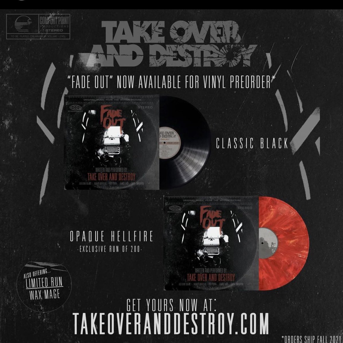 TakeOverAD's tweet image. Fade Out is now available for vinyl preorder! 

We’re offering Classic Black, Opaque Hellfire, and a very limited amount of Wax Mage vinyl. Orders will be shipping Fall 2021. Get yours now!  Link 👇🏼

takeoveranddestroy.bigcartel.com