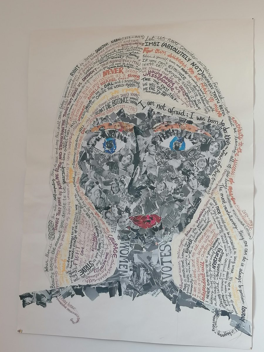 MissAust's tweet photo. Fitting day to put up @TeamINTEGRITAS WHM art project from this time last year. I have added powerful female quotes as the hair (matching the colour of the speakers own hair) 😏 #citizenship #DuctusIntegritasCOLLAB #WomensHistoryMonth #IWD2021 @MissMcElroyGeog @MsCGleeson 💜💙 https://t.co/26fenbFsXg