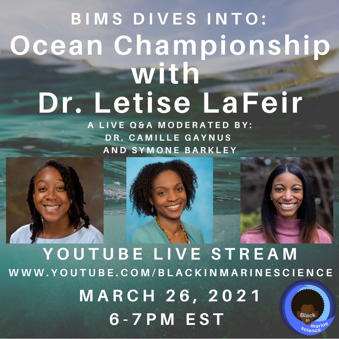 For the 2nd BIMS Dives conversation @seagaynus & @scientistsymone will be chatting with @dr_upwelling about Ocean championship!! Tune in to our YouTube live stream March 26 @ 6pm EST/3pm PST
#oceanchampions #oceanpolicy #blackinmarinescience #bims #youtube #bimsdives #bimstv