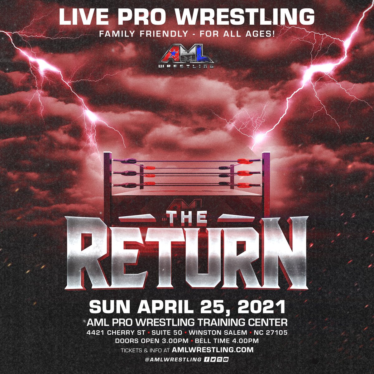 AMLWrestling's tweet photo. AML Wresting presents: The Return

➡️ Sunday, April 25, 2021
➡️ AML Wrestling Training Center
4421 Cherry Street
Winston-Salem, NC 27105

First Match at 4pm

*CDC Guidelines will be enacted*

Event Capacity LIMITED! 

👉🏻 Tickets on sale TONIGHT at 8pm at https://t.co/lf0IlvDdIA https://t.co/UAz5HeksQw
