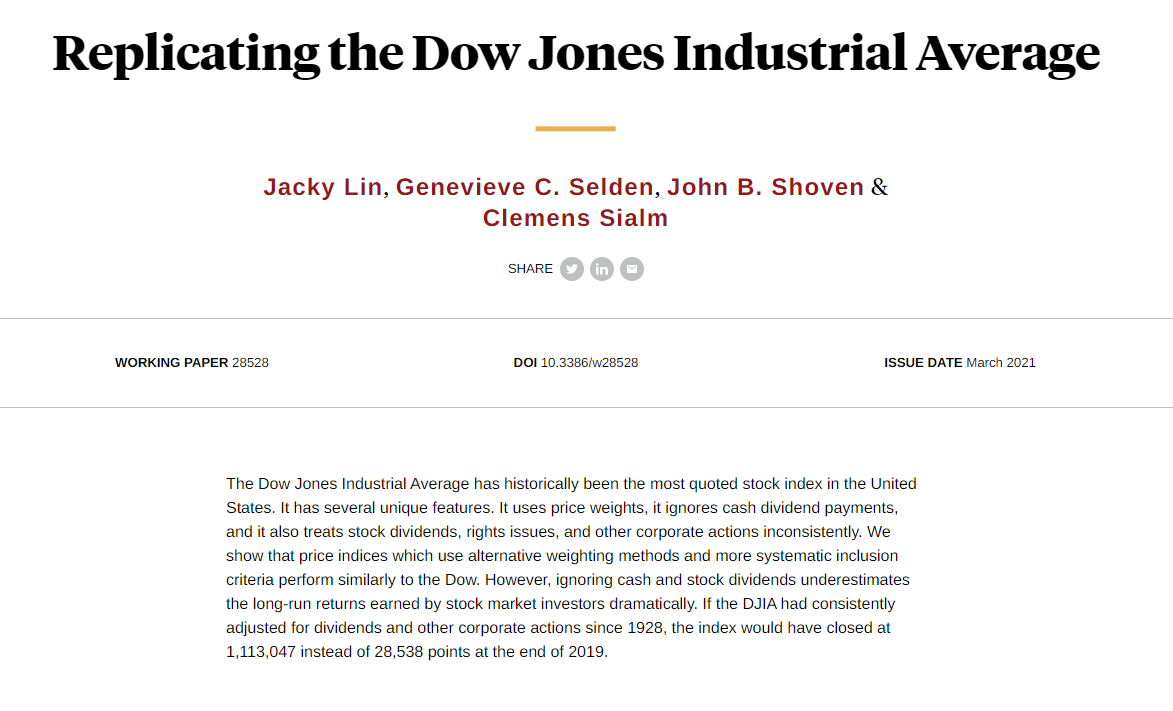NBER (@nberpubs) on Twitter photo If the Dow Jones Industrial Average had adjusted for dividends and other corporate actions since 1928, the index would have closed at 1,113,047 instead of 28,538 at the end of 2019, from Jacky Lin, Genevieve C. Selden, John B. Shoven, and <a href="/csialm/">Clemens Sialm</a> nber.org/papers/w28528 If the Dow Jones Industrial Average had adjusted for dividends and other corporate actions since 1928, the index would have closed at 1,113,047 instead of 28,538 at the end of 2019, from Jacky Lin, Genevieve C. Selden, John B. Shoven, and <a href="/csialm/">Clemens Sialm</a> nber.org/papers/w28528