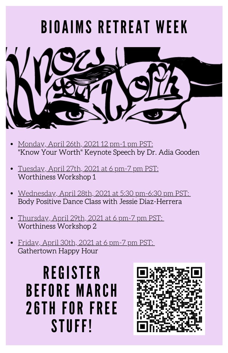 Join us at our annual BioAIMS Retreat Week April 26-30 2021! The BioAIMs retreat is an annual event (with OGE) where we focus on wellness and community building. Register here: rb.gy/17dlz4