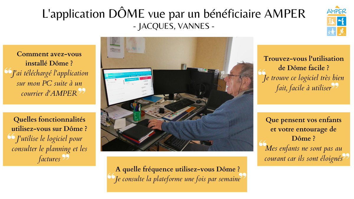 Jacques nous parle de la plateforme DÔME nouvellement adoptée par AMPER. Jacques peut consulter en ligne les documents liés aux interventions à domicile : planning à jour en temps réel, factures, attestations fiscales... Un outil utile &amp; facile à prendre en main !
#AideàDomicile