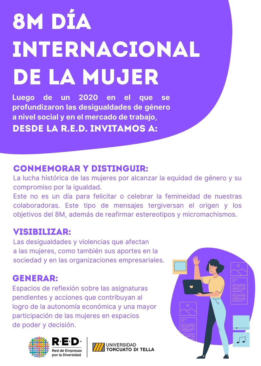 Este 8M es una gran oportunidad para repensar las relaciones de género en el trabajo, promover cambios para la inclusión y el desarrollo de las mujeres, e invitar a los varones a involucrarse. 
Toolkit 8M: bit.ly/RED_Toolkit8MTO 
#8M #DiaInternacionalDeLaMujer