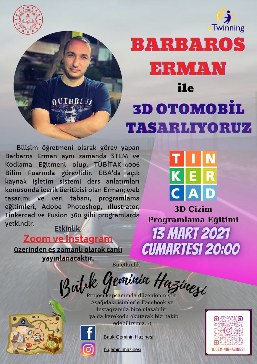 Türkiye, Yunanistan ve Tunus ortaklı projemizin Mart ayında ağırlayacağı konuk Barbaros Erman. Öğrencilerimiz 13 Mart 2021 Cumartesi günü Tinkercad ile 3d otomobil tasarımı yapacaklar.
#etwinning
#etwinningtürkiye
#Daricamem
#Kocaelimem 
#tinkercad 
#3dcar