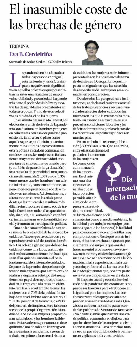 CCOO Illes Balears (@ccoobalears) on Twitter photo Article d'Eva Cerdeiriña, Secretaria d'Acció Sindical i Polítiques Socials de <a href="/CCOOBalears/">CCOO Illes Balears</a>, publicat avui a <a href="/diariomallorca/">Diario de Mallorca</a> amb motiu del 8M, Dia de la Dona.
diariodemallorca.es/opinion/2021/0… Article d'Eva Cerdeiriña, Secretaria d'Acció Sindical i Polítiques Socials de <a href="/CCOOBalears/">CCOO Illes Balears</a>, publicat avui a <a href="/diariomallorca/">Diario de Mallorca</a> amb motiu del 8M, Dia de la Dona.
diariodemallorca.es/opinion/2021/0…