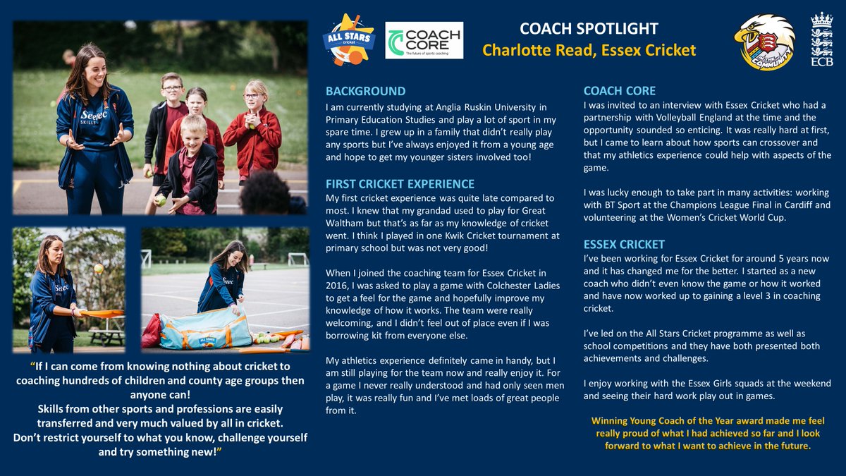 #IWD2021 Charlotte joined Essex Cricket through the <a href="/WeAreCoachCore/">Coach Core</a> Programme and is a great example that you don't need a cricket background to enthuse hundreds of kids to play cricket, and coach to a high standard 👏👏