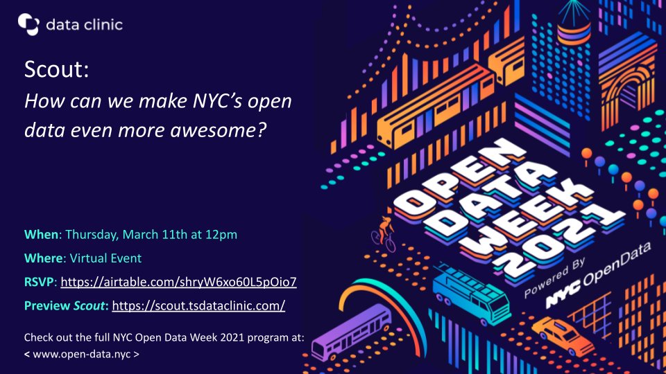 2 more days to sign up to take part in a workshop on Scout, our #opensource tool that helps you uncover fascinating, lesser-known #opendata, incl data on the #NYC open data portal: Thu Mar 11, 12-1pm ET. RSVP here: airtable.com/shryW6xo60L5pO… #opendataweek