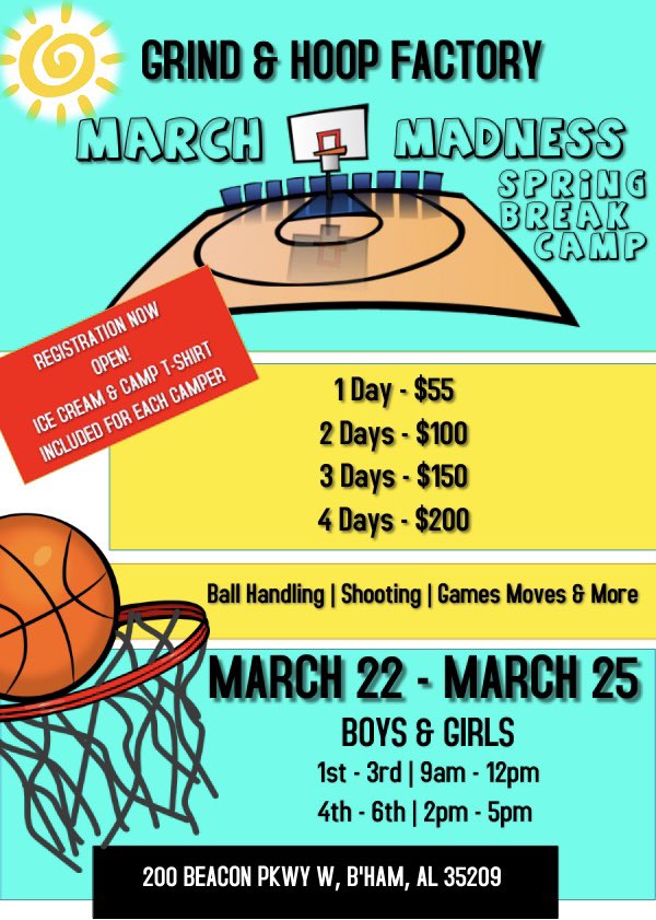 grindandhoop's tweet photo. We’re just a couple of weeks away from Spring Break Camp! Have the kids join us for 🏀, 🍦 &amp; more 😎 ... If you haven’t already, make sure to secure your spot before it’s too late‼️

⭐️ Register online at https://t.co/qsa6v3u3Lw 
⭐️ Registration ends on Friday, March 19th! https://t.co/74JFGva76X